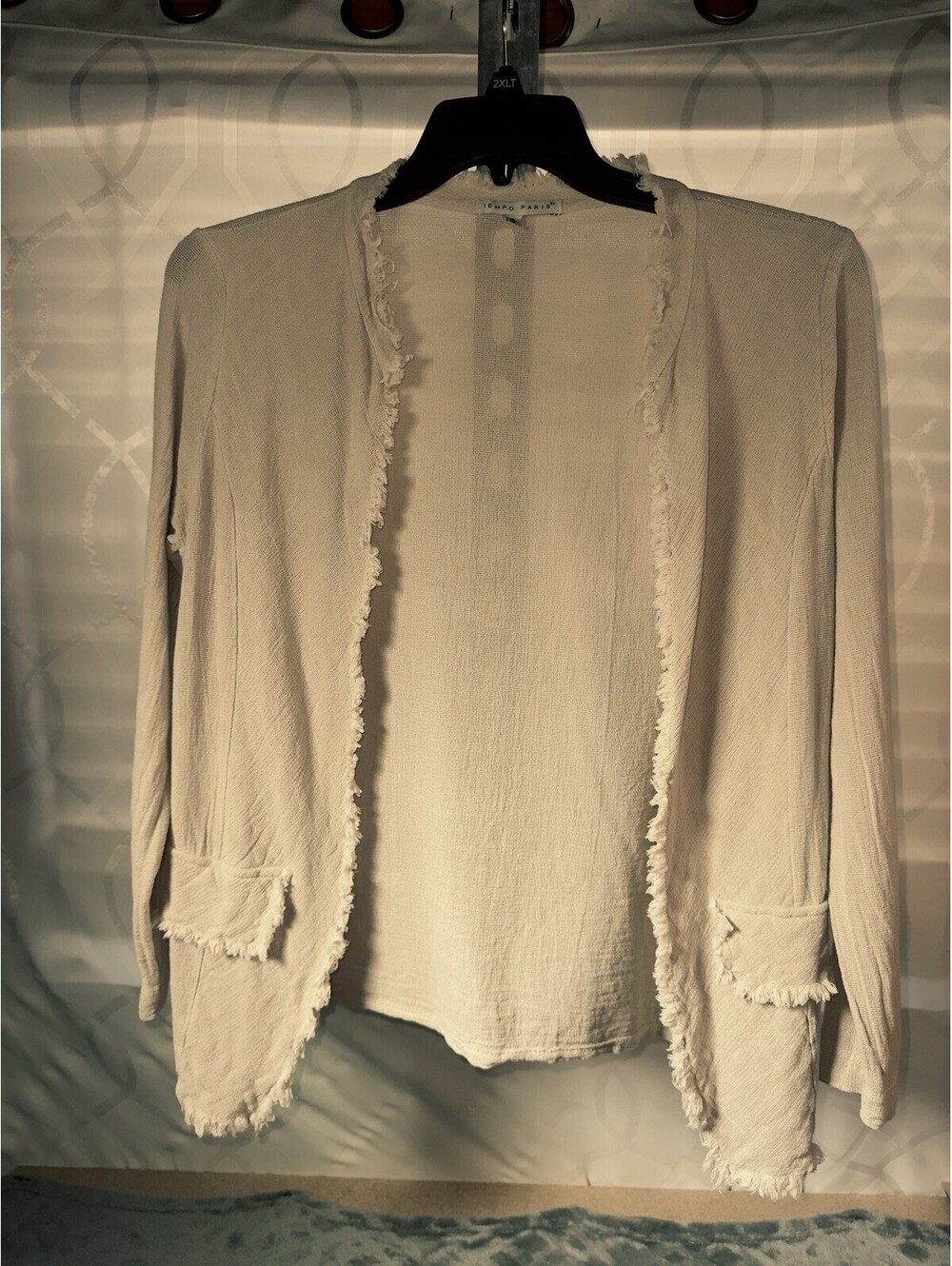 TEMPO PARIS Frill Raw Hem 100% Linen Two Pocket Woven Open Cardigan, Tan- S